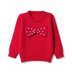 Babyhug Knit Full Sleeves Solid Pullovers With Bow Applique - Red