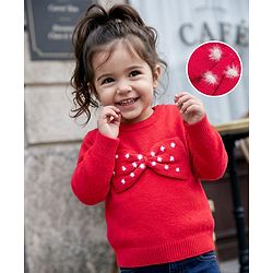 Babyhug Knit Full Sleeves Solid Pullovers With Bow Applique - Red