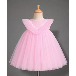 Babyhug Mesh Woven Sleeveless Party Dress With Frills & Lace Detailing - Pink