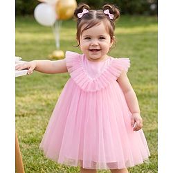 Babyhug Mesh Woven Sleeveless Party Dress With Frills & Lace Detailing - Pink