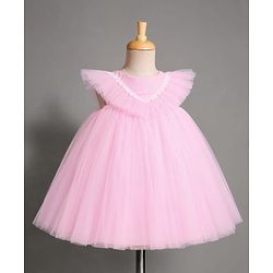 Babyhug Mesh Woven Sleeveless Party Dress With Frills & Lace Detailing - Pink