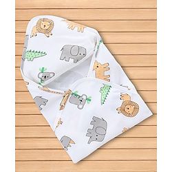 Babyhug 100% Cotton Interlock Knit Hooded Towel & Wrapper with Lion Elephant Koala Crocodile Print L 75 x B 68.5 cm - White