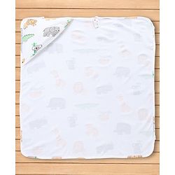 Babyhug 100% Cotton Interlock Knit Hooded Towel & Wrapper with Lion Elephant Koala Crocodile Print L 75 x B 68.5 cm - White