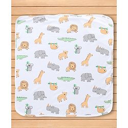 Babyhug 100% Cotton Interlock Knit Hooded Towel & Wrapper with Lion Elephant Koala Crocodile Print L 75 x B 68.5 cm - White