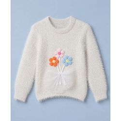 Babyhug Knit Pullover with Full Sleeves and Flower Applique - White