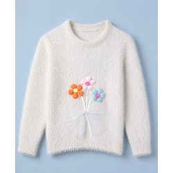 Babyhug Knit Pullover with Full Sleeves and Flower Applique - White