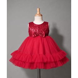 Babyhug Mesh Woven Sleeveless Sequinned Layered Party Dress With Bow Applique & Frills - Maroon
