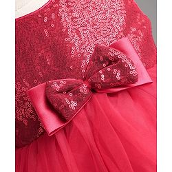 Babyhug Mesh Woven Sleeveless Sequinned Layered Party Dress With Bow Applique & Frills - Maroon