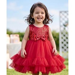 Babyhug Mesh Woven Sleeveless Sequinned Layered Party Dress With Bow Applique & Frills - Maroon