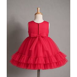 Babyhug Mesh Woven Sleeveless Sequinned Layered Party Dress With Bow Applique & Frills - Maroon