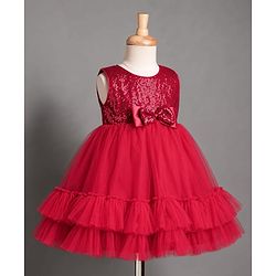 Babyhug Mesh Woven Sleeveless Sequinned Layered Party Dress With Bow Applique & Frills - Maroon
