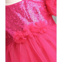 Babyhug Mesh Woven Frill Sleeves Solid Colour Sequinned Party Dress with Floral Applique -Fuchsia