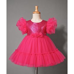 Babyhug Mesh Woven Frill Sleeves Solid Colour Sequinned Party Dress with Floral Applique -Fuchsia