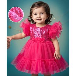 Babyhug Mesh Woven Frill Sleeves Solid Colour Sequinned Party Dress with Floral Applique -Fuchsia