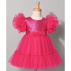 Babyhug Mesh Woven Frill Sleeves Solid Colour Sequinned Party Dress with Floral Applique -Fuchsia