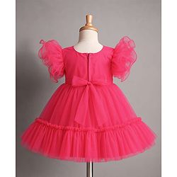 Babyhug Mesh Woven Frill Sleeves Solid Colour Sequinned Party Dress with Floral Applique -Fuchsia