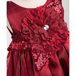 Babyhug  Mesh Woven Sleeveless Party Dress With Sequin Detailing & Floral Applique - Maroon