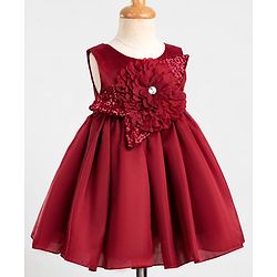 Babyhug  Mesh Woven Sleeveless Party Dress With Sequin Detailing & Floral Applique - Maroon