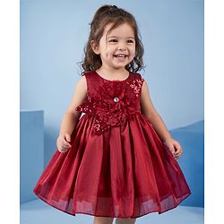 Babyhug  Mesh Woven Sleeveless Party Dress With Sequin Detailing & Floral Applique - Maroon