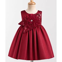 Babyhug  Mesh Woven Sleeveless Party Dress With Sequin Detailing & Floral Applique - Maroon
