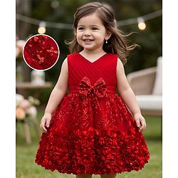 Babyhug  Mesh Woven Sleeveless Party Dress With Sequin Detailing & Floral Corsage - Red