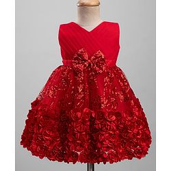 Babyhug  Mesh Woven Sleeveless Party Dress With Sequin Detailing & Floral Corsage - Red