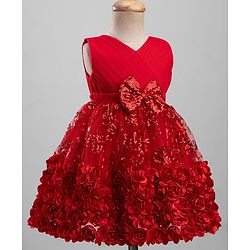 Babyhug  Mesh Woven Sleeveless Party Dress With Sequin Detailing & Floral Corsage - Red