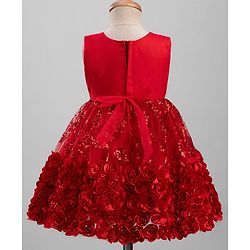 Babyhug  Mesh Woven Sleeveless Party Dress With Sequin Detailing & Floral Corsage - Red