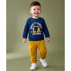 Babyhug Terry Knit Full Sleeves Text Printed T-Shirt & Jogger Set - Navy Blue & Yellow