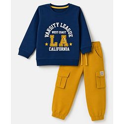 Babyhug Terry Knit Full Sleeves Text Printed T-Shirt & Jogger Set - Navy Blue & Yellow