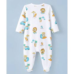 Babyhug 100% Cotton Knit Full Sleeves Front Open Striped Sleepsuit With Beach & Animal Print Pack of 2 - White & Yellow