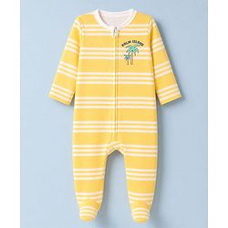 Babyhug 100% Cotton Knit Full Sleeves Front Open Striped Sleepsuit With Beach & Animal Print Pack of 2 - White & Yellow