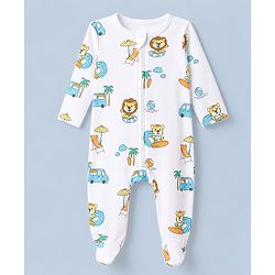Babyhug 100% Cotton Knit Full Sleeves Front Open Striped Sleepsuit With Beach & Animal Print Pack of 2 - White & Yellow