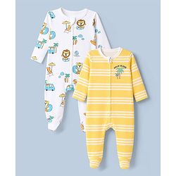 Babyhug 100% Cotton Knit Full Sleeves Front Open Striped Sleepsuit With Beach & Animal Print Pack of 2 - White & Yellow