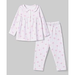 Babyhug 100% Cotton Knit Full Sleeves Striped Co-Ords Top & Pyjama Night Suit with Bow Print - White