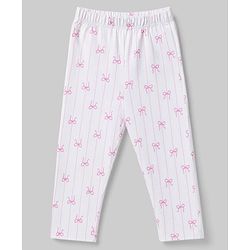 Babyhug 100% Cotton Knit Full Sleeves Striped Co-Ords Top & Pyjama Night Suit with Bow Print - White