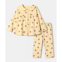Babyhug Cotton Knit Front Open Full Sleeves Shirt & Pyjama Co-Ords Night Suit With Floral Print - Yellow