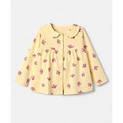 Babyhug Cotton Knit Front Open Full Sleeves Shirt & Pyjama Co-Ords Night Suit With Floral Print - Yellow