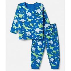 Babyhug Cotton Knit Full Sleeves Co-ord T-Shirt & Pajama Night Suit with Dinosaurs Print - Blue