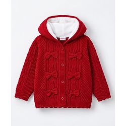 Babyhug Knit Full Sleeves Front Open Hooded Sweater with Bow Applique & Cable Knit Design in Maroon