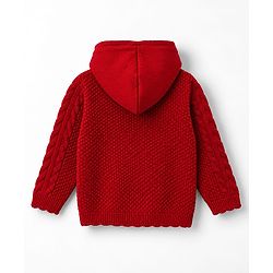 Babyhug Knit Full Sleeves Front Open Hooded Sweater with Bow Applique & Cable Knit Design in Maroon