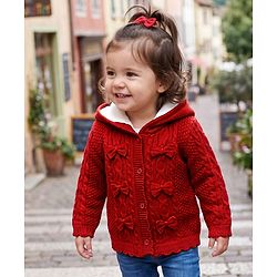 Babyhug Knit Full Sleeves Front Open Hooded Sweater with Bow Applique & Cable Knit Design in Maroon