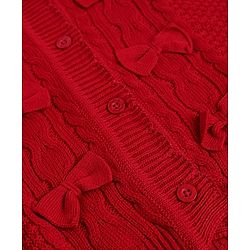 Babyhug Knit Full Sleeves Front Open Hooded Sweater with Bow Applique & Cable Knit Design in Maroon