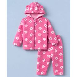 Babyhug Woven Full Sleeves Co-ord Hooded Sweater and Pant Winter Set with Floral Print - Pink