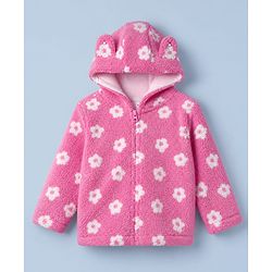 Babyhug Woven Full Sleeves Co-ord Hooded Sweater and Pant Winter Set with Floral Print - Pink