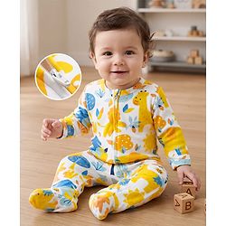Babyhug 100% Cotton Knit Full Sleeves Sleepsuit with Animal & Tropical Print - Yellow