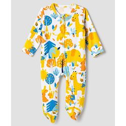Babyhug 100% Cotton Knit Full Sleeves Sleepsuit with Animal & Tropical Print - Yellow