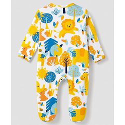 Babyhug 100% Cotton Knit Full Sleeves Sleepsuit with Animal & Tropical Print - Yellow