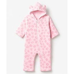 Babyhug Fur Woven Full Sleeves Winter Wear Hooded Romper With Leopard Design - Pink