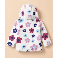 Babyhug Fur Woven Full Sleeves Hooded Winter Wear Suit With Floral Print - White